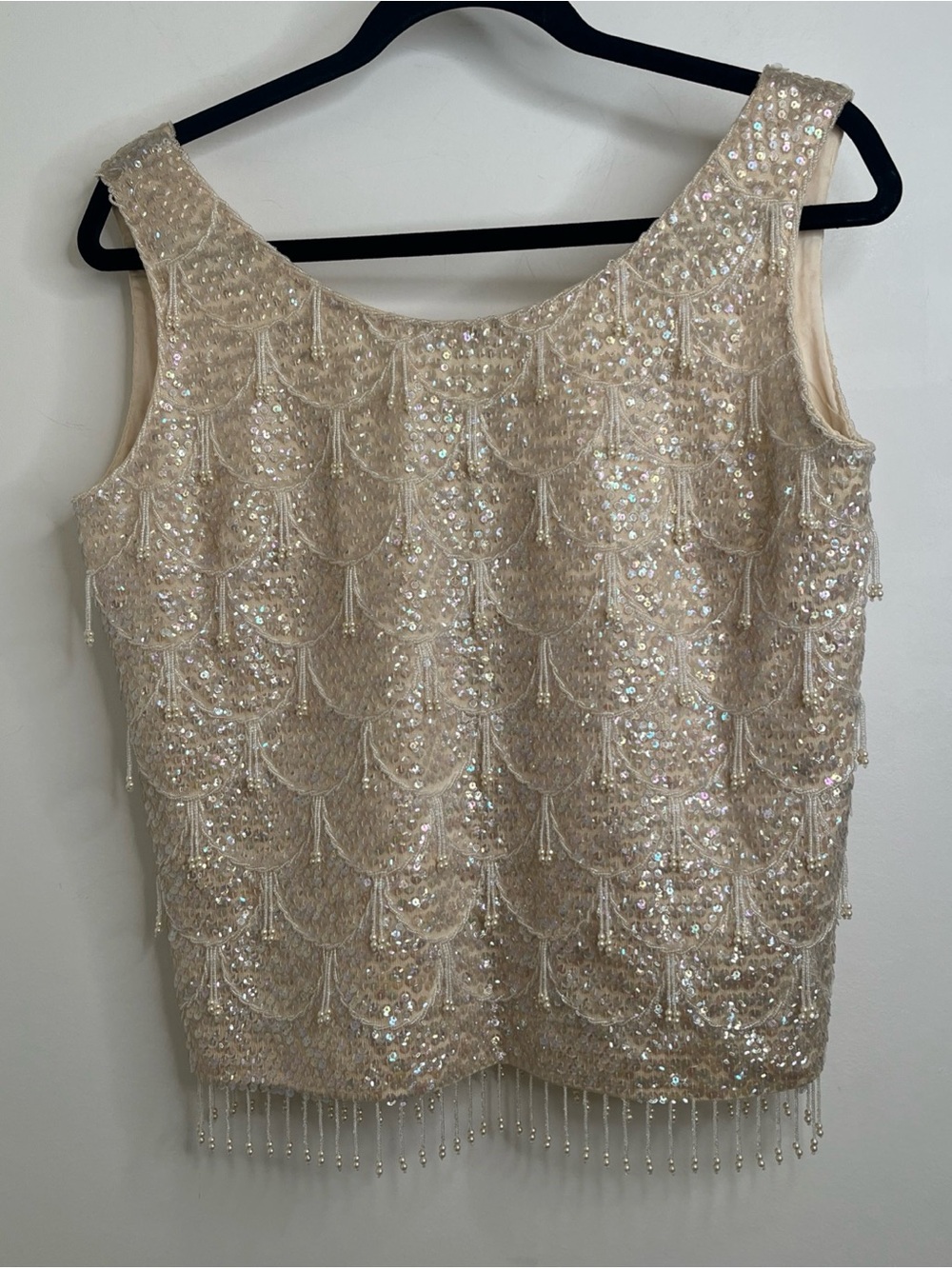 Vtg Beaded 60s Sequined 100% Wool Camisole Top Small 36 Shell Ivory Cream Beige